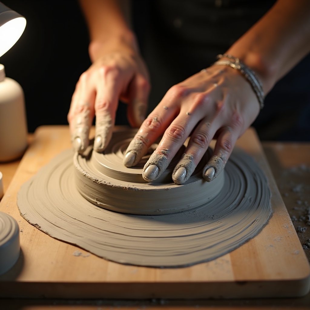 Argilla cruda in fase di lavorazione su tavolo da laboratorio