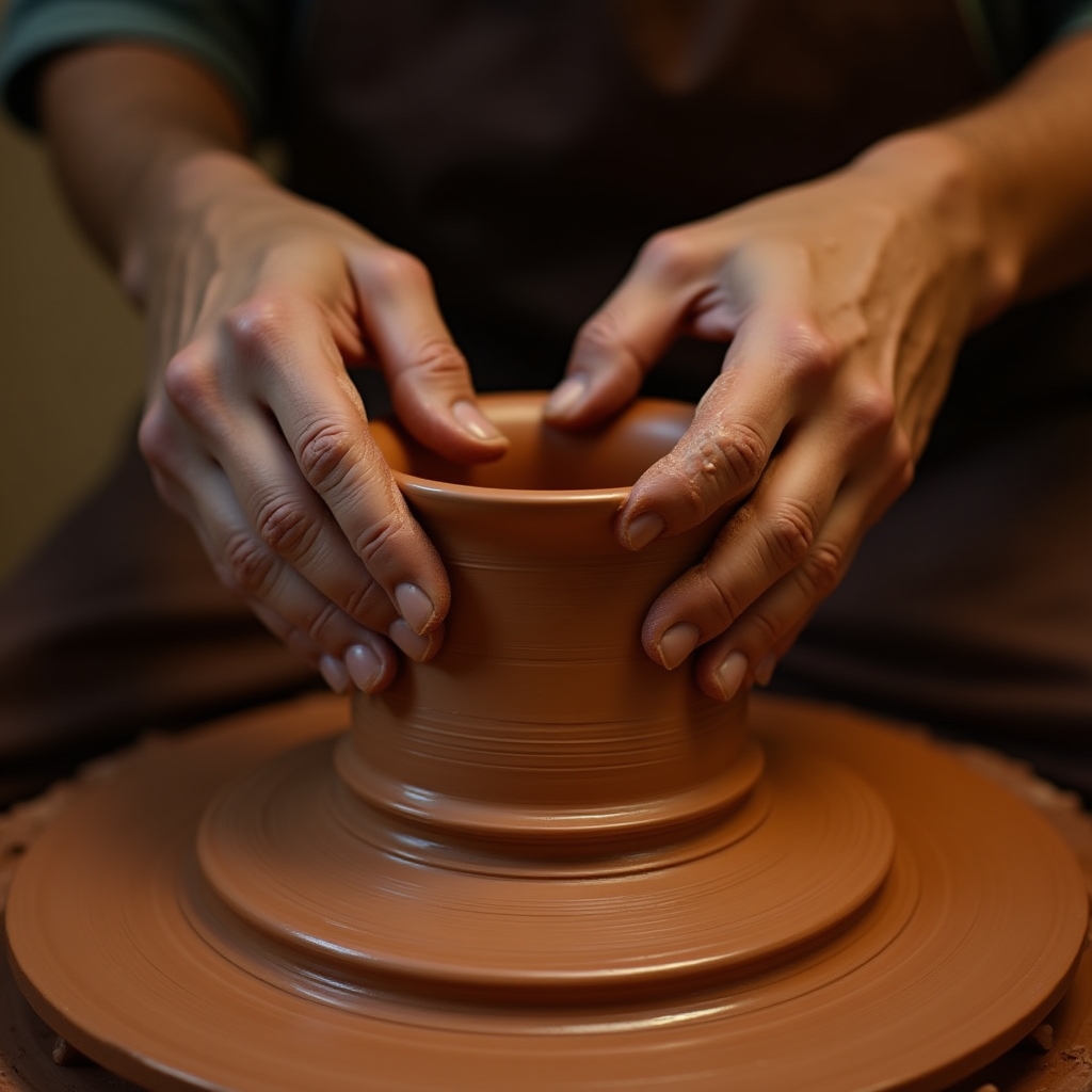 Mani che modellano l'argilla sul tornio da vasaio