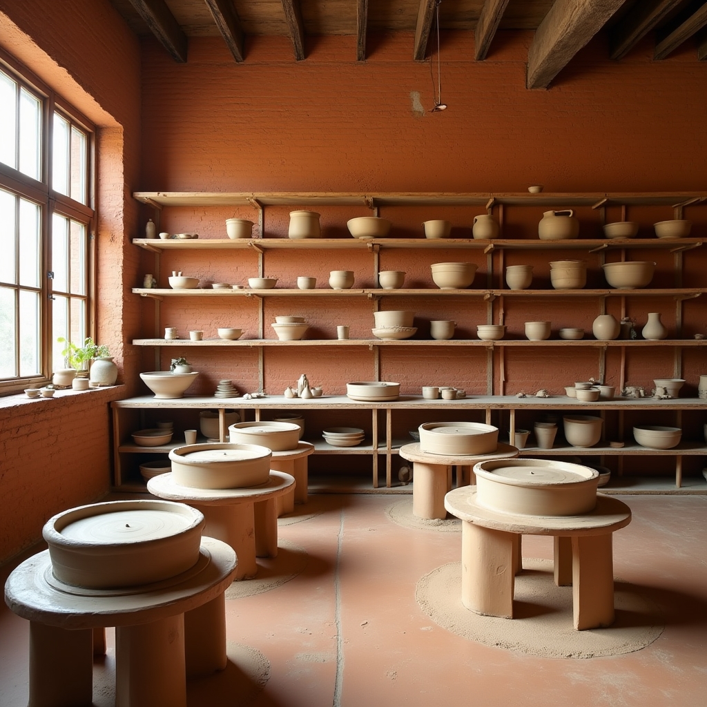 Interno del laboratorio di ceramica con torni e tavoli di lavoro