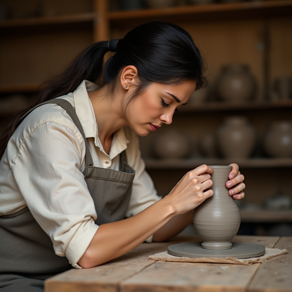 Partecipante che modella un vaso a mano con l'argilla
