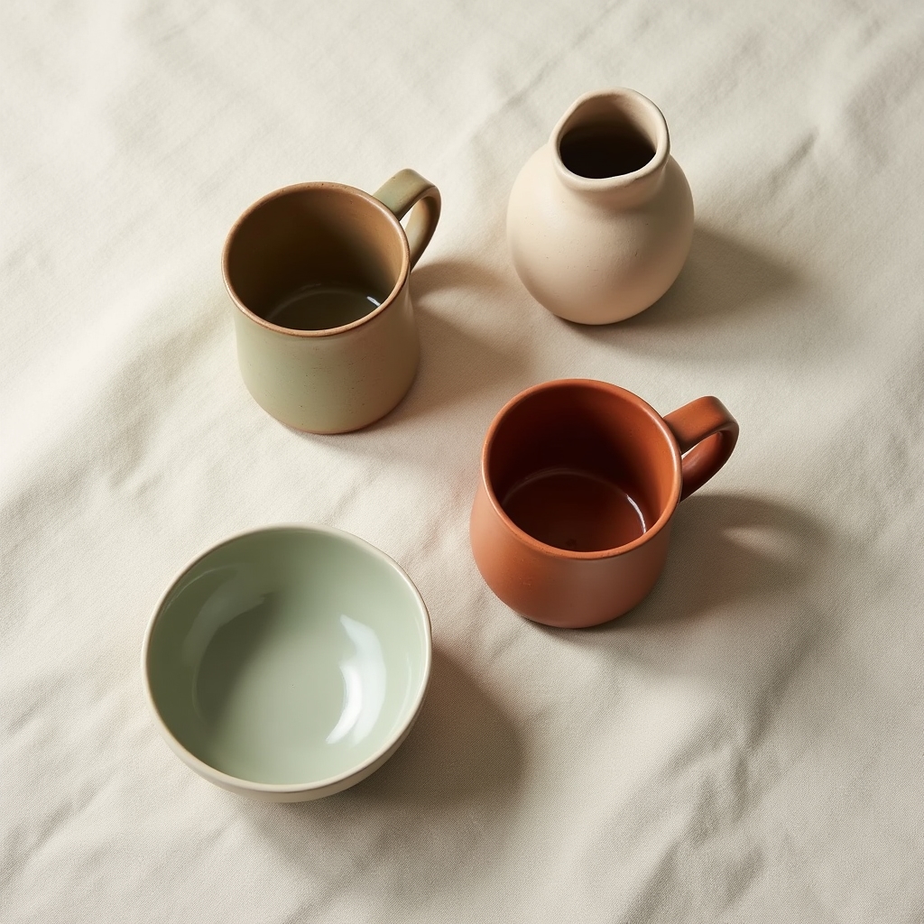 Tazze, piatti e vasi in ceramica finiti pronti per la cottura