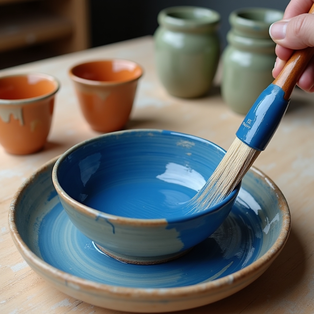 Ceramiche in fase di smaltatura con pennelli e smalti colorati