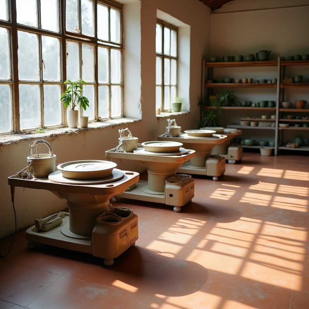 Postazioni con torni da vasaio nel laboratorio di ceramica
