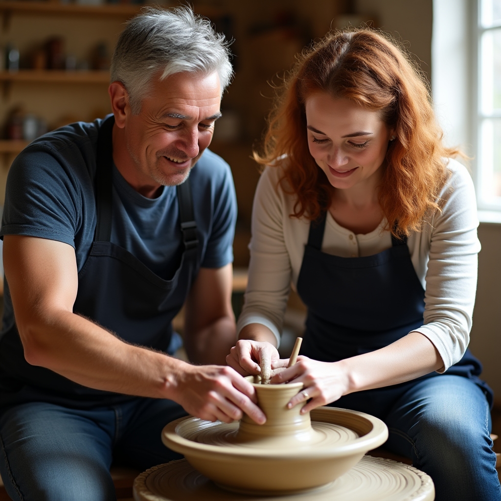 Istruttore che guida uno studente al tornio da vasaio